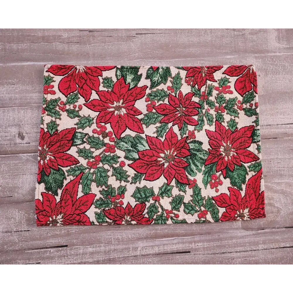 Festive Holiday Poinsettia Pattern Woven Tapestry Placemats Set Of 4 17